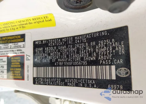 2015 Toyota Camry Se из США, поврежденный, VIN 4T1BF1FK6FU956795